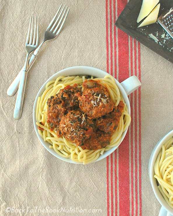 A healthier version of spaghetti and meatballs with chopped spinach & mushrooms | Back To The Book Nutrition