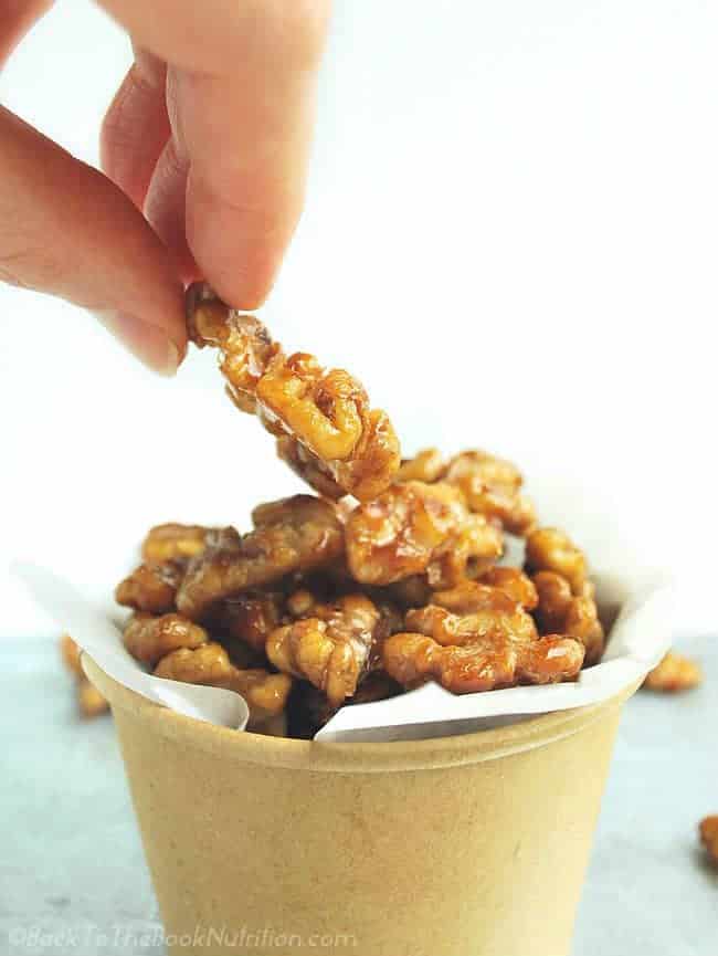 Walnuts coated with a crispy and irresistible salted maple-butter mixture – Betcha can’t eat just one! | Back To The Book Nutrition