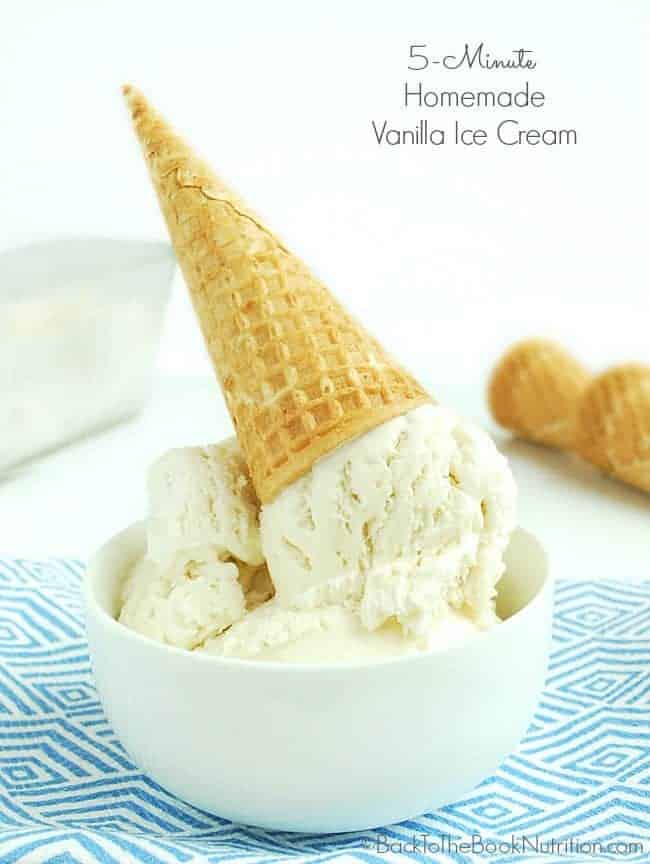 Fast and easy homemade vanilla ice cream with only four ingredients! A no-cook, no-churn, egg-free recipe everyone will love! | Back To The Book Nutrition
