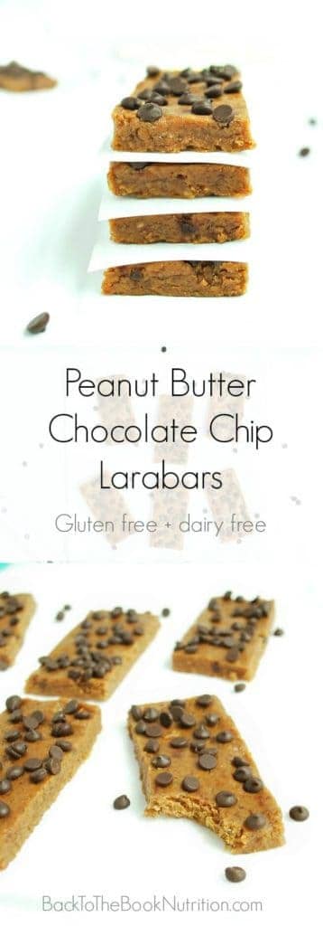 Homemade peanut butter chocolate chip Larabars are cheap, easy, and super healthy! Perfect make ahead recipe for when you need a quick breakfast or on the go snack! | Back To The Book Nutrition