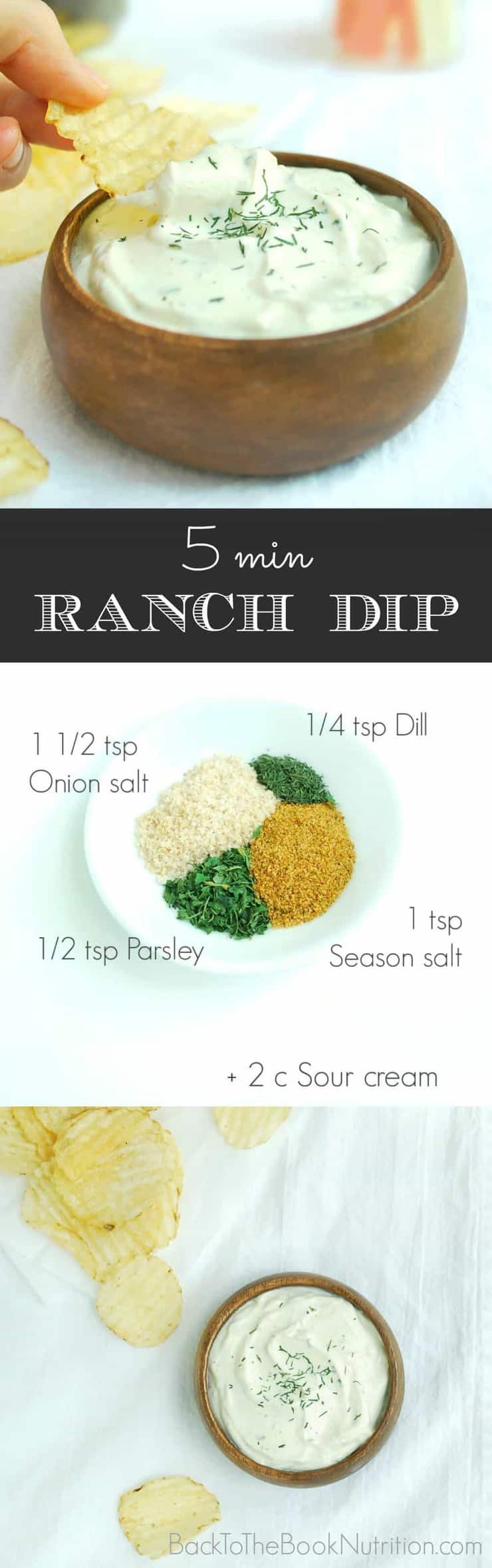 This easy 5 min Ranch Dip is delicious and so much healthier than packet mixes. Great with chips or raw veggies! | Back To The Book Nutrition