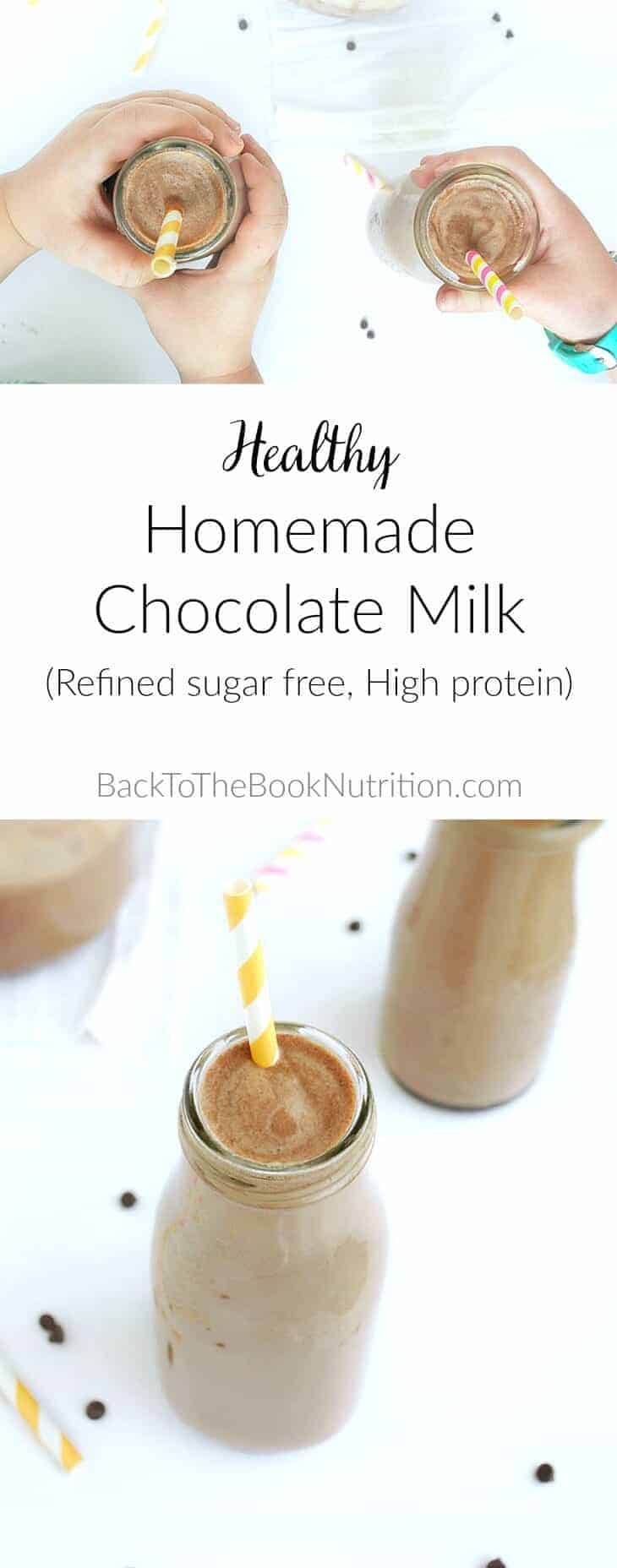 Healthy Homemade Chocolate Milk with only 4 ingredients - refined sugar free, high protein, and whips up in just a few minutes! | Back To The Book Nutrition