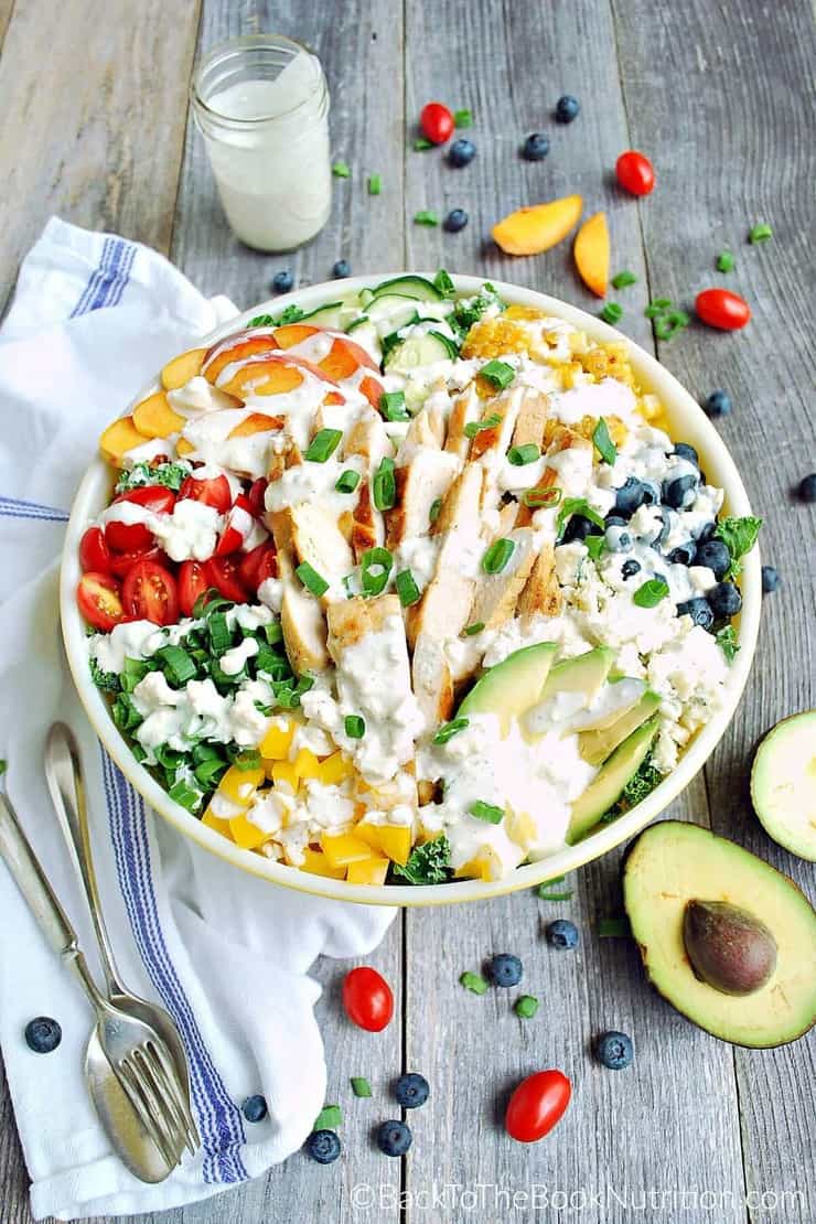 Antioxidant loaded superfood salad loaded with 7 veggies, 3 fruits, chicken, and blue cheese - healthy, 30 minute summer dinner! | Back To The Book Nutrition