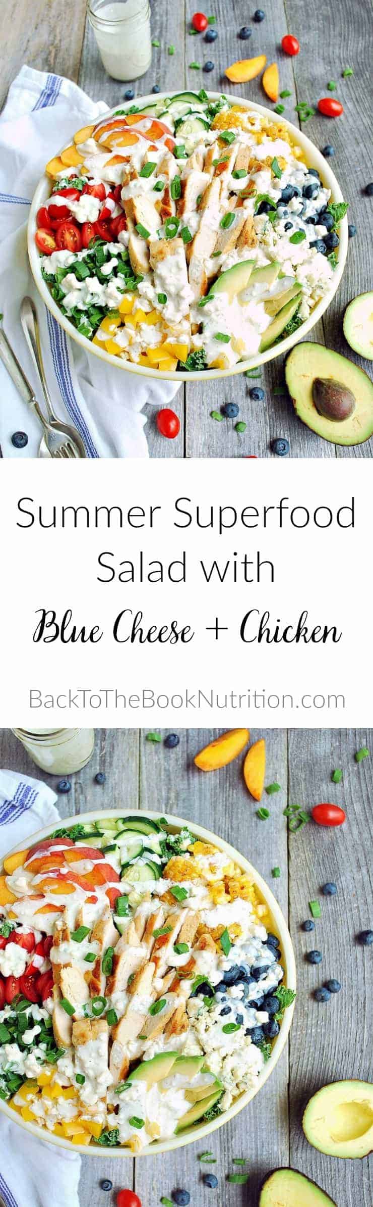 Summer Superfood Salad with blue cheese and chicken - 7 veggies + 3 fruits for antioxidants, fiber, and healthy fats. Healthy summer lunch or dinner, ready in just 30 minutes! | Back To The Book Nutrition