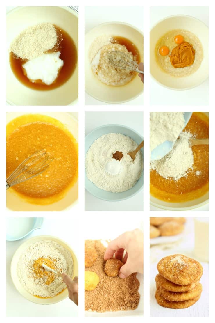 Collage of step by step images of how to make Pumpkin Snickerdoodles 