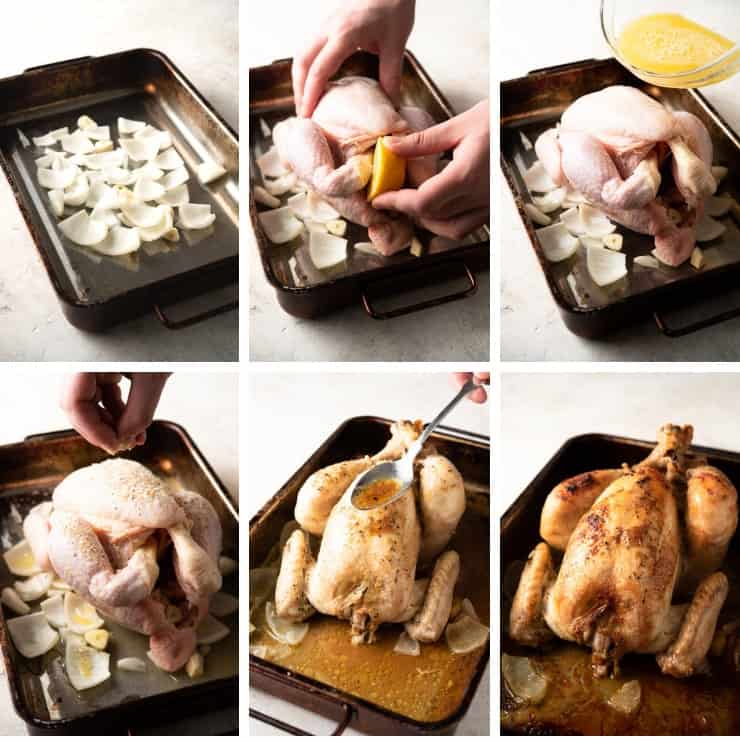 Step by step photos for making lemon herb roasted chicken