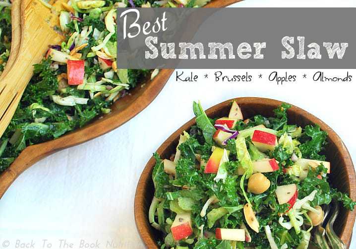 Best Summer Slaw with Kale, Brussels, Apples and Almonds | www.backtothebooknutrition.com/blog