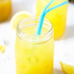 Close up of a mason jar filled with natural pineapple lemonade
