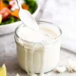 Creamy feta salad dressing in a jar