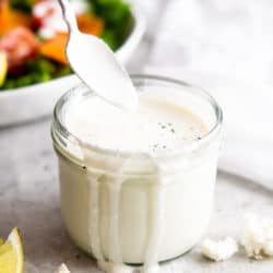 Creamy feta salad dressing in a jar