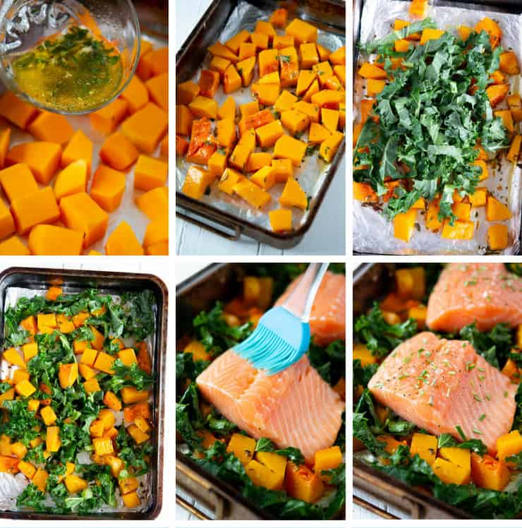 Step by step photos for making an easy salmon traybake