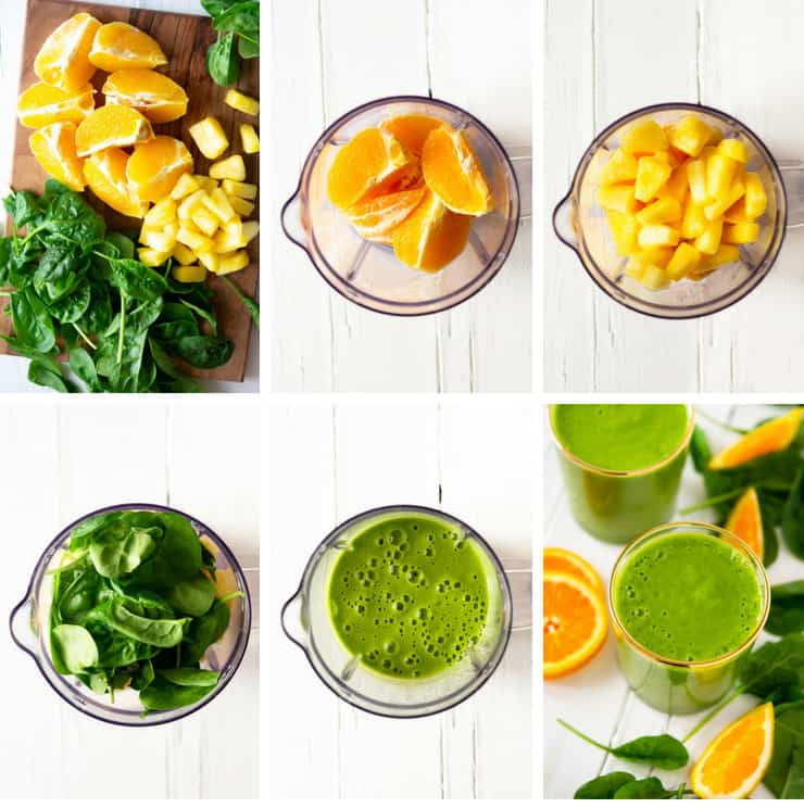 Step by step photos for making an orange pineapple green smoothie