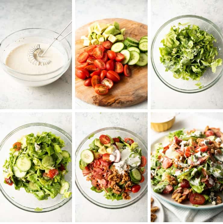 Step by step photos for making a blue cheese salad with bacon and avocado