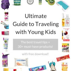 Collage with must have travel products for kids. Text overlay: Ultimate Guide to Traveling with Young Kids