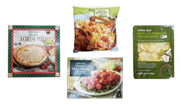 collage of 4 vegetarian dinners from Trader Joe's