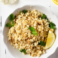 An overhead shot of roasted cauliflower rice