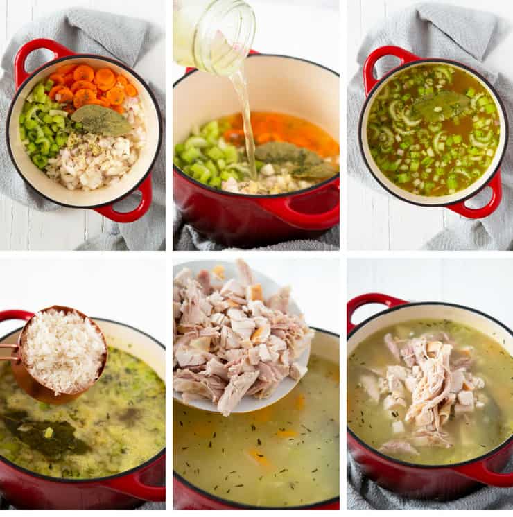 Step by step photos for making rotisserie chicken and rice soup