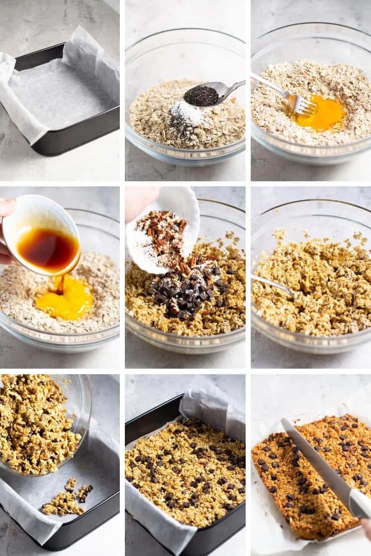 Step by step photos for making chocolate chunk oatmeal bars