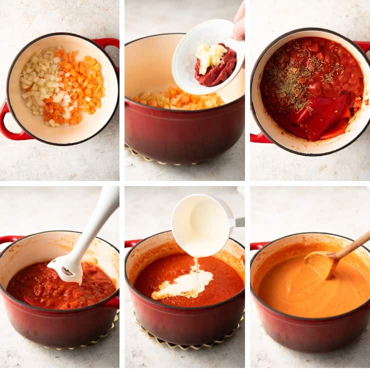 Step by step photos for making roasted red pepper soup