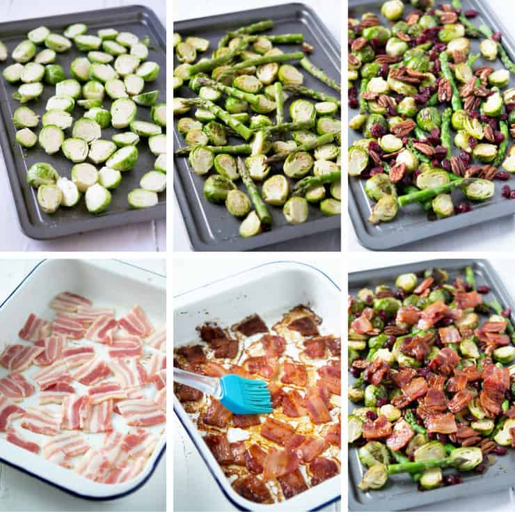 Step by step photos for making roasted brussels sprouts with asparagus, bacon and pecans