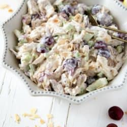 overheat shot of rotisserie chicken salad in serving bowl on white background