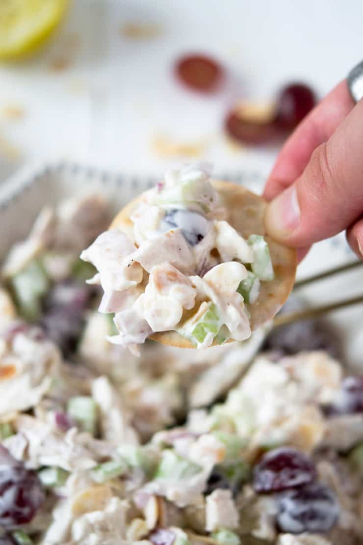 A hand holding some rotisserie chicken salad on a cracker