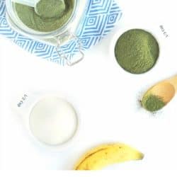 overhead shot of ingredients for simple homemade protein powder plus greens