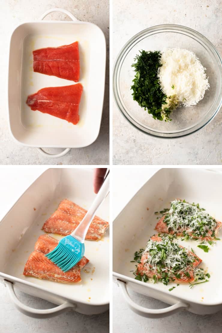 Step by step photos for making salmon with parmesan crust and herbs