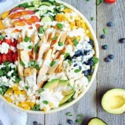 Summer Superfood Salad with Blue Cheese and Chicken - kale, corn, avocado and peaches + the best homemade blue cheese dressing ever! | Back To The Book Nutrition