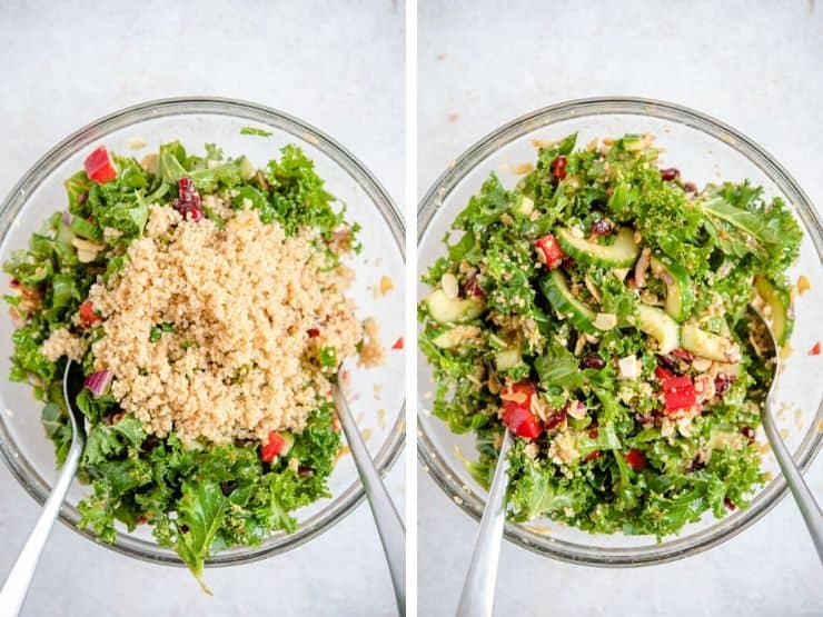 Step by step photos for making a kale quinoa salad with veggies