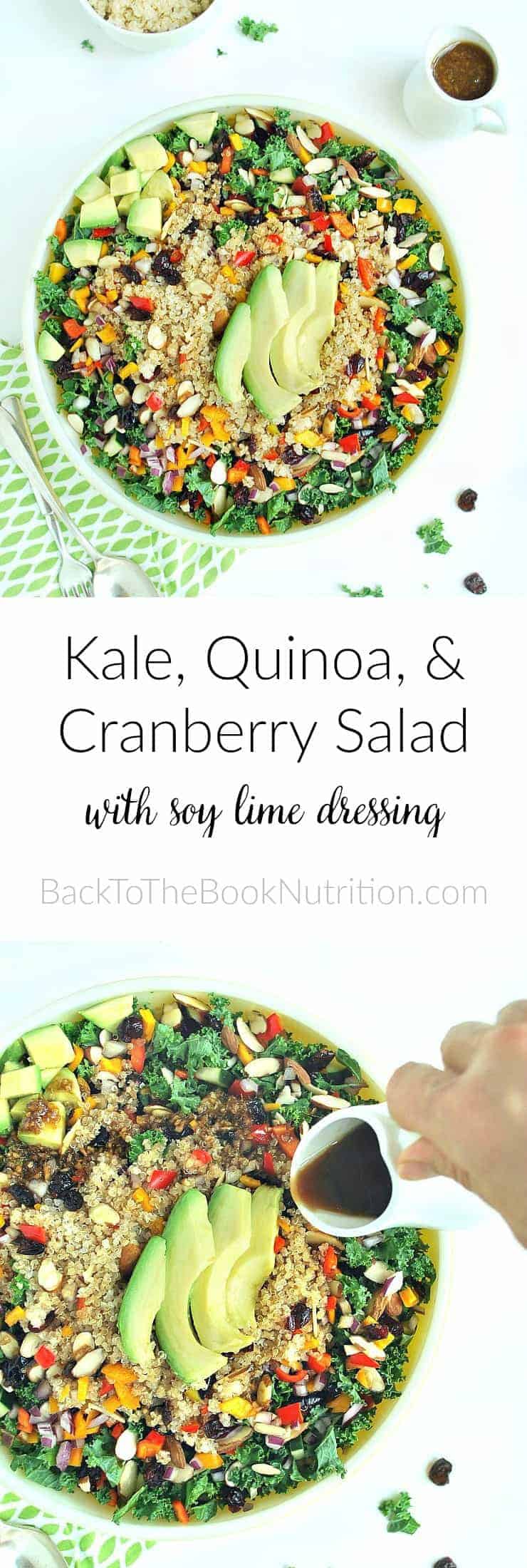 Superfood kale, quinoa, and cranberry salad with soy lime dressing. Loaded with flavor and texture, plus antioxidants, fiber, healthy fats, and more! | Back To The Book Nutrition