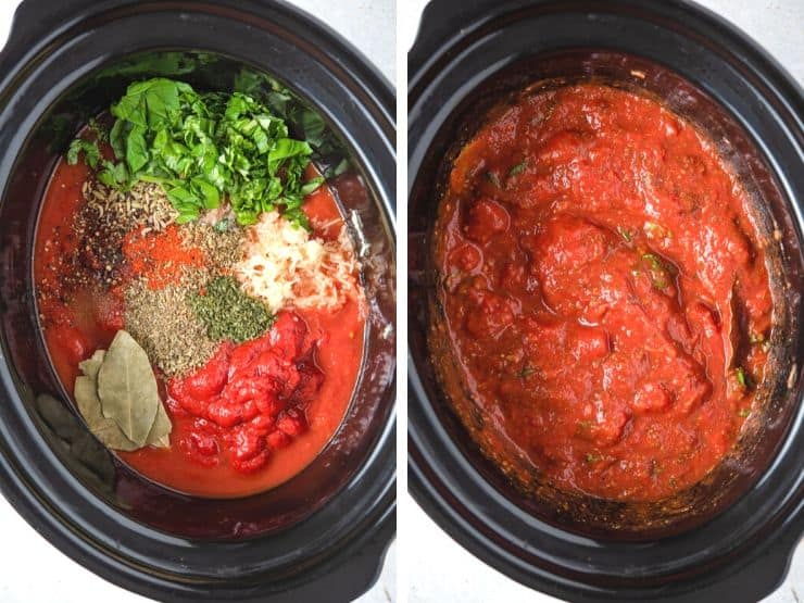 Two photos showing ingredients in a slow cooker for making spaghetti sauce