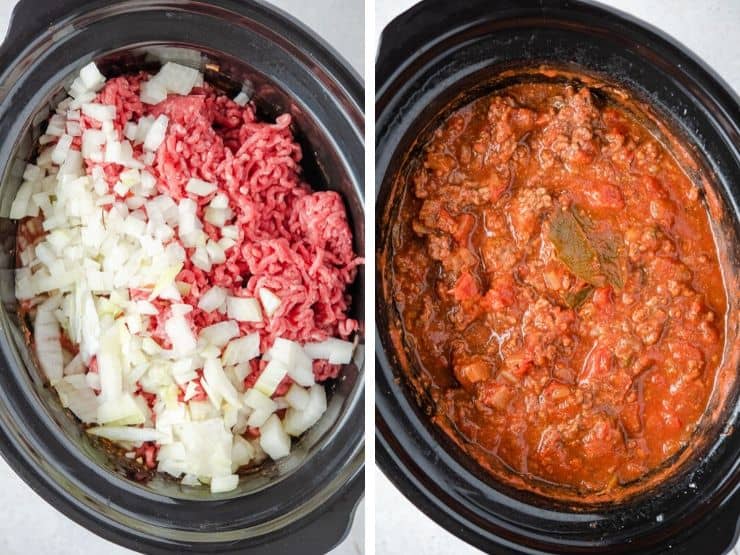 Two photos showing how to make slow cooker spaghetti sauce