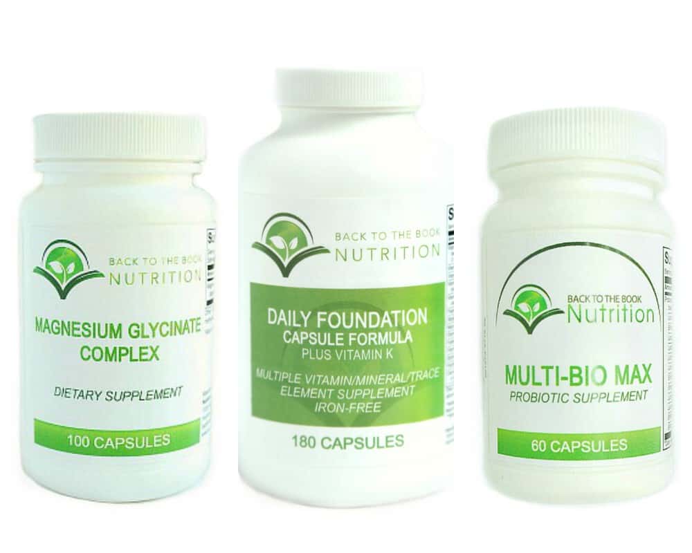 three bottles of dietary supplements from Back To The Book Nutrition