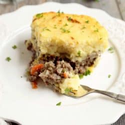 front view of cottage pie on fork