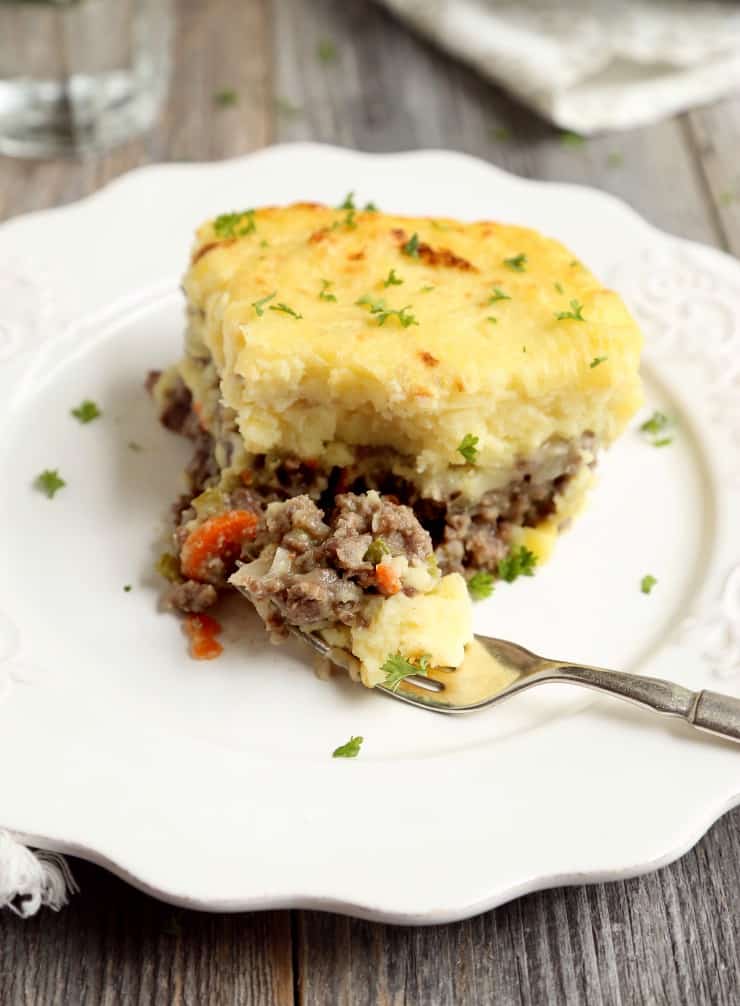 front view of cottage pie on fork