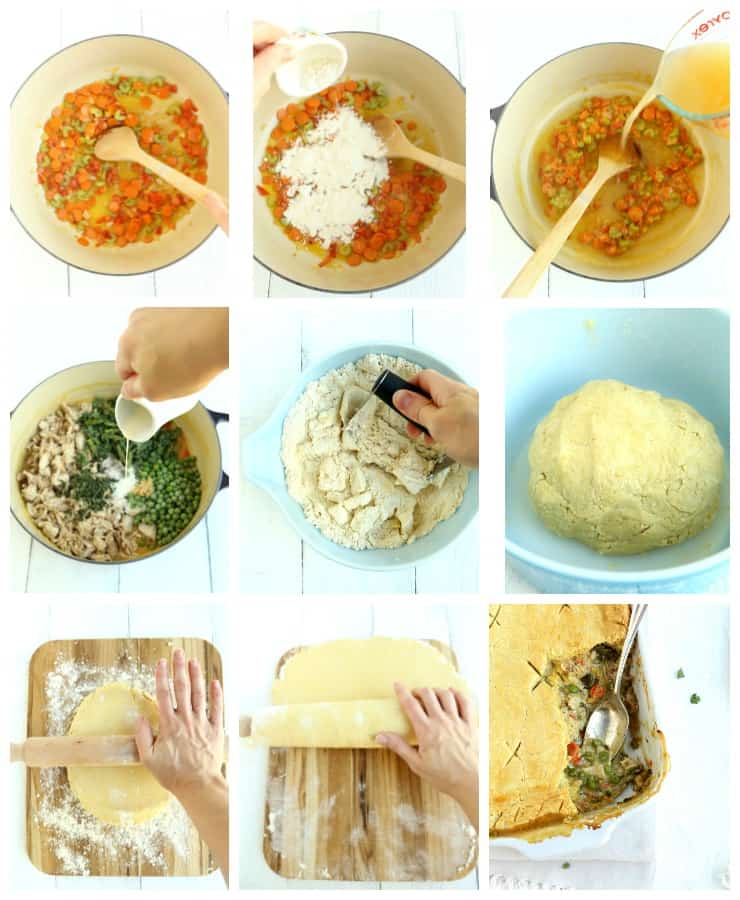 Collage with step by step images for how to make rustic turkey pot pie