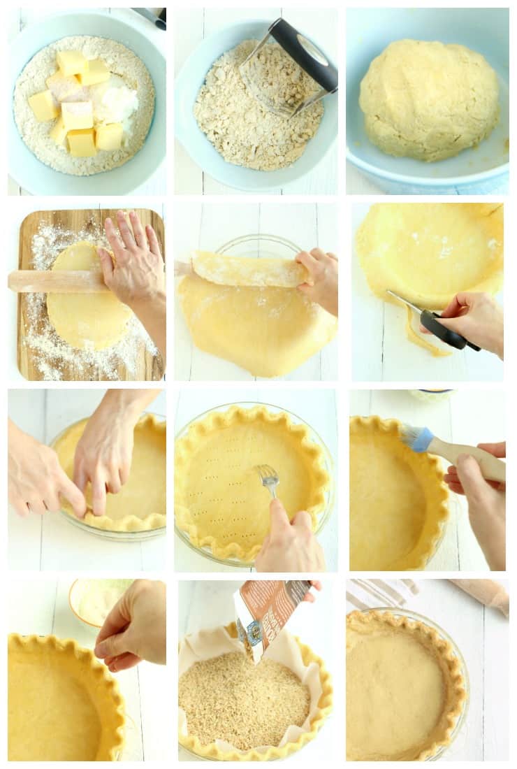 collage of images of step by step process for making flaky pie crust