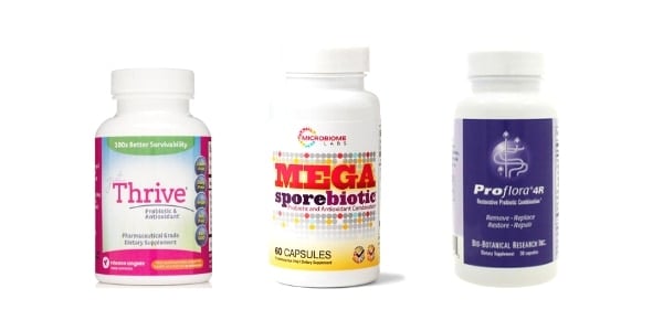 collage of 3 best brands of spore forming probiotics - MegasporeBiotic, Just Thrive, and Proflora $R