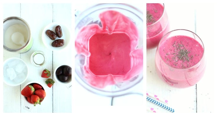 3 step guide for how to make a creamy strawberry beet smoothie