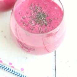close up image of strwaberry beet smoothie with text overlay