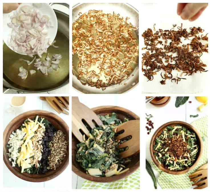 Collage of 6 steps to make Kale and Brussels Sprouts Super Salad