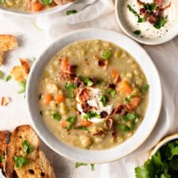 An overhead shot of split pea soup