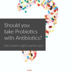 question mark made with antibiotic capsules and text overlay - Should you take probiotics with antibiotics?