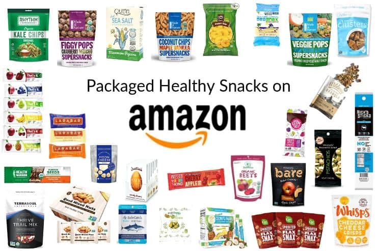 Collage of packaged healthy snacks for kids on Amazon