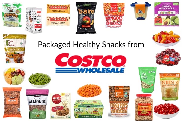 Collage of packaged healthy snacks from Costco