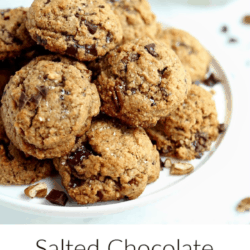 front view of pile of cookies with text overlay: salted chocolate chunk cookies with pecan flour - gluten free, grain free, and dairy free