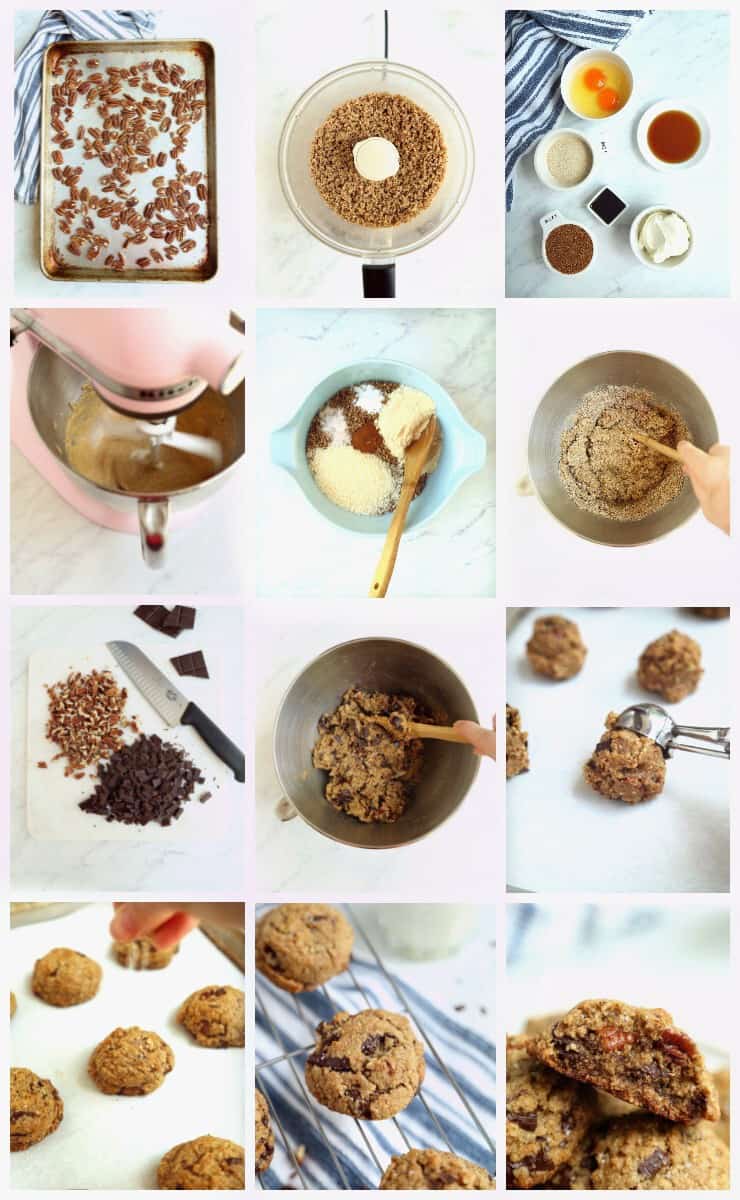 Collage of step by step instructions for making salted chocolate chunk cookies with toasted pecan flour