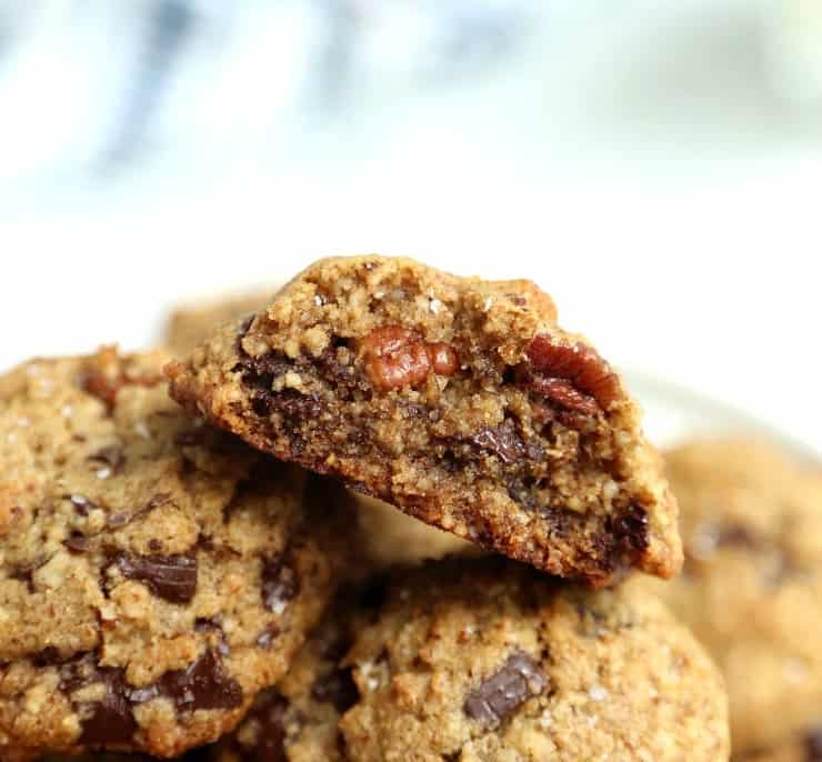 close up view of inside of gluten free chocolate chunk cookies with pecan flour