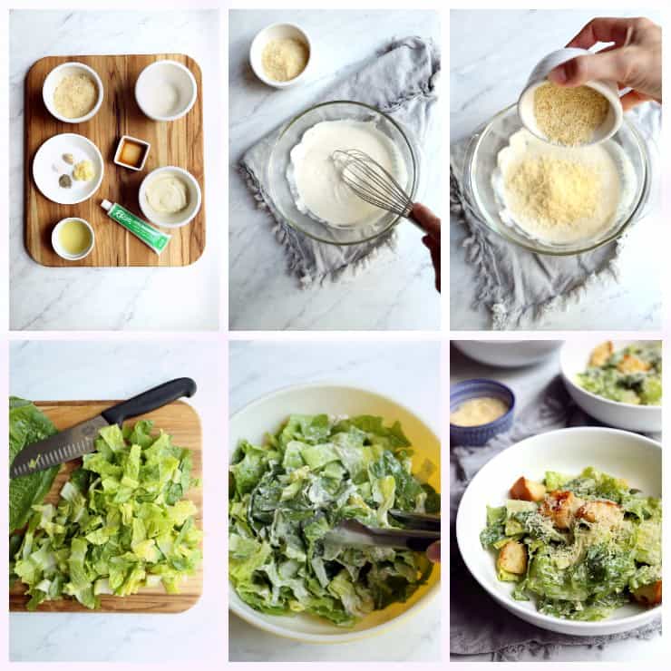 Collage of six images with step by step demonstration for how to make Classic Caesar Salad